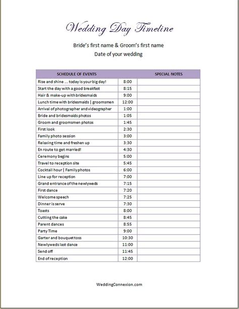 Wedding Day Timeline Free Template