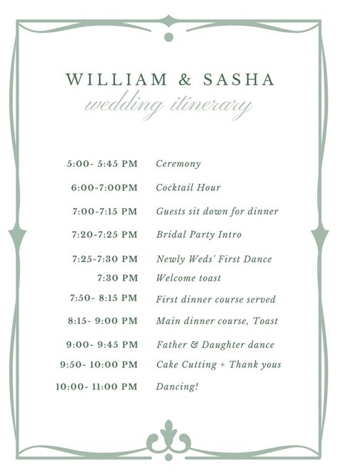 Wedding Reception Itinerary Template