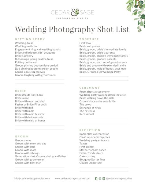 Wedding Shot List Template