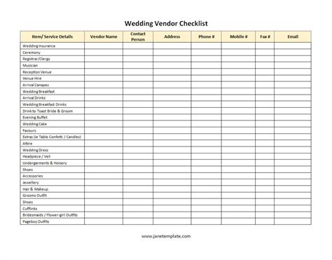 Wedding Vendor Checklist Template