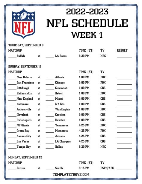 Week 1 Nfl Printable Schedule