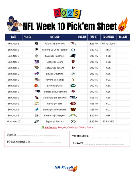 Week 10 Nfl Pick Em Sheet Printable