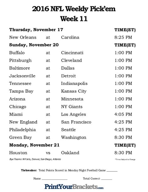 Week 11 Nfl Printable Schedule
