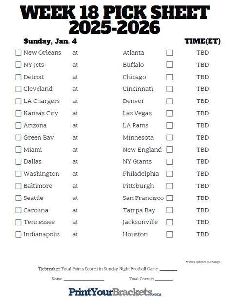 Week 18 Nfl Schedule Printable
