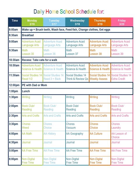 Weekly Homeschool Schedule Template