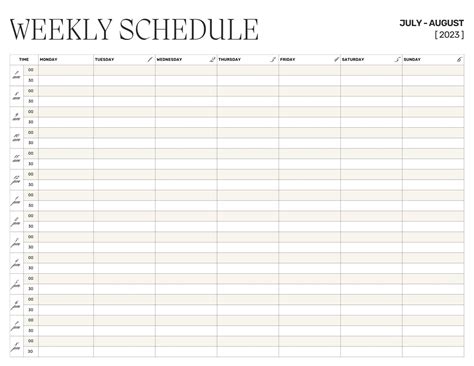 Weekly Schedule Template Per 30 Minutes