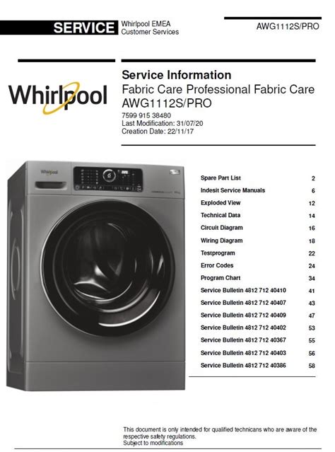 Whirlpool Awg 329 Washing Machine Frontloader Repair Manual