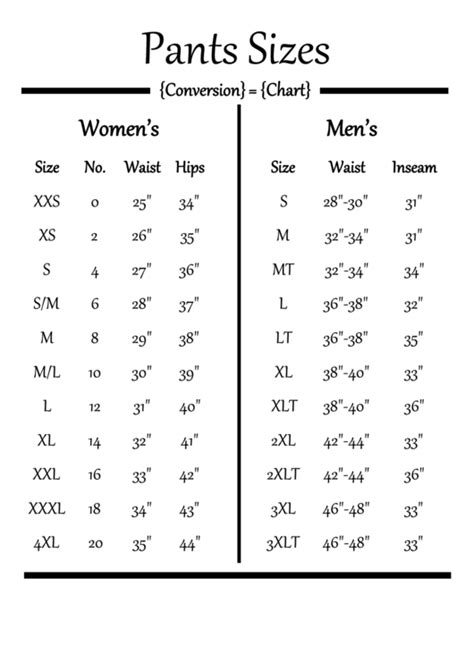 Womens Pant Size Conversion Chart