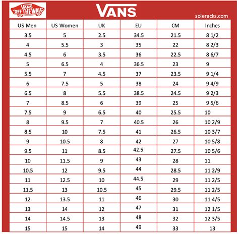Womens Vans Shoe Size Chart