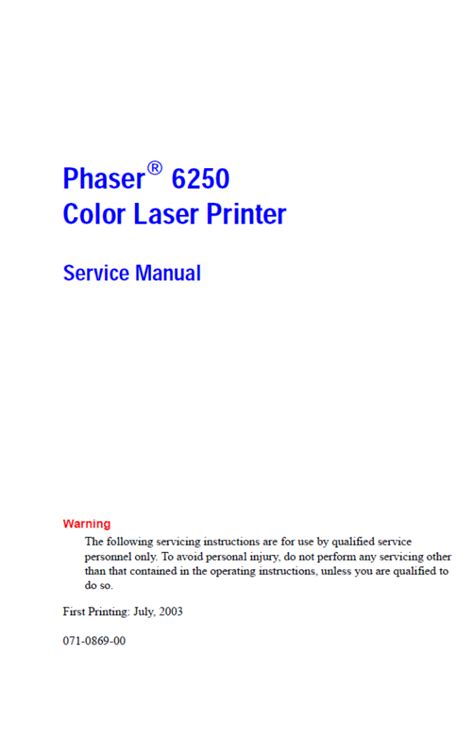 Xerox Phaser 6250 Color Laser Printer Service Repair Manual