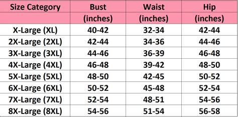 Xl Women Size Chart