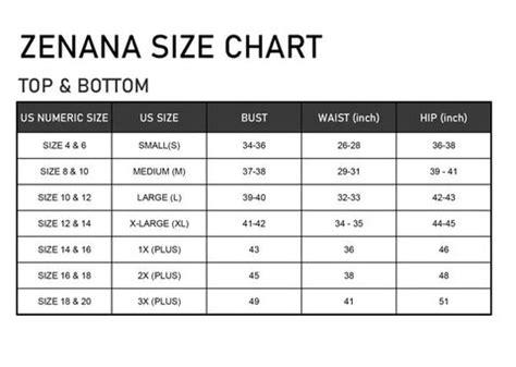 Zenana Size Chart