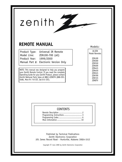 Zenith Universal Remote Control Manuals