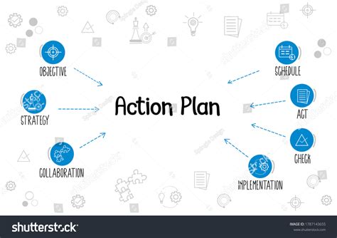 action plan blue icon circle, Action plan circle diagram with thin line icons vector image. Action plan diagram circle vector icons thin line