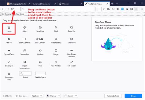 adding home button to firefox, How to restore a firefox session. How do i make google my homepage on a mac