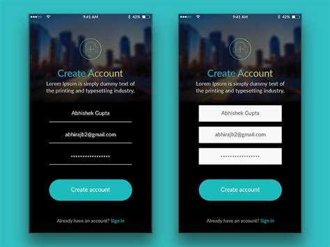 app create account page, App ui kit for responsive mobile app or website with different gui
