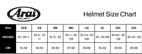 Arai Helmets Size Chart