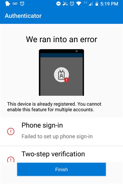 authenticator phone sign in failed, Authenticator failed to add account on android: failed to set up
