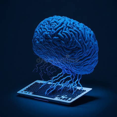 blue brain typing on keyboard, Ai generated illustration of a blue brain typying on a keyboard stock