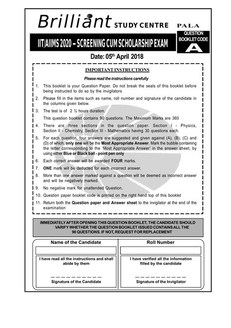brilliant pala sample papers, Brilliant study centre, pala