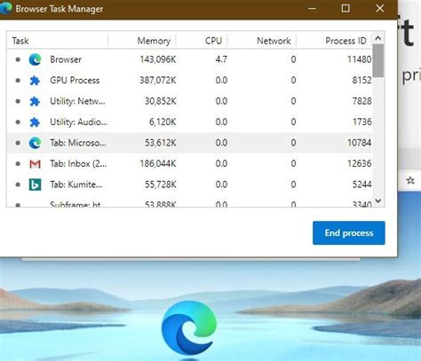 browser task manager, Using browser task manager in microsoft edge in windows 10