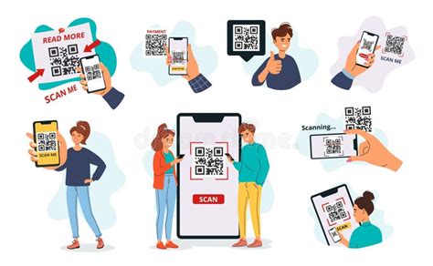 cartoon boy using mobile to scan qr code, Cartoon hand with mobile phone scanning qr-code. qr code scan to