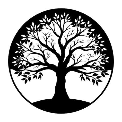 circle around tree trunk silhouette, Vector black silhouette of a tree in a circle isolated on a white