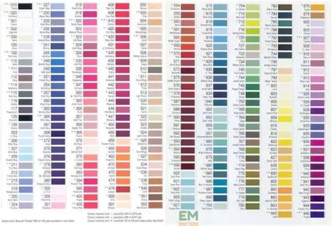 Color Chart For Embroidery Thread
