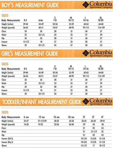Columbia Sizing Chart Youth