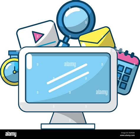 computer screen app cartoon, Technology computer screen with apps cartoon stock vector image & art
