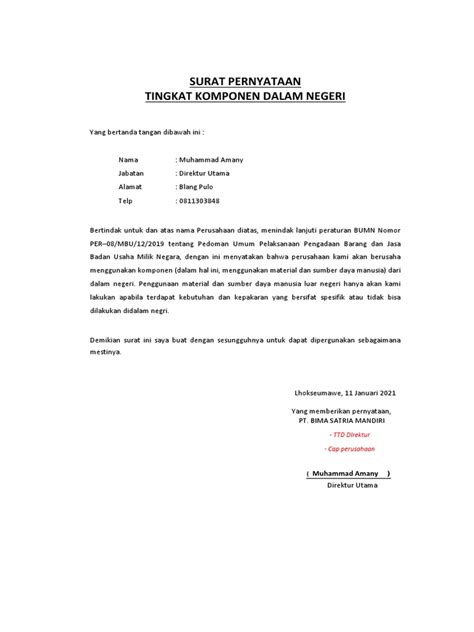 contoh surat pernyataan tkdn, Contoh surat pernyataan tkdn barang