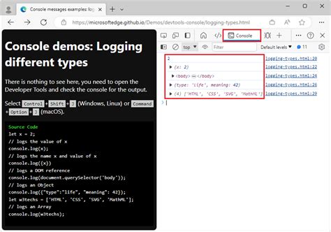 copy console log output, Log messages in the console tool