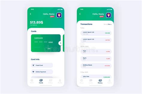 credit card section examples in an app, Credit card app interface template royalty free vector image