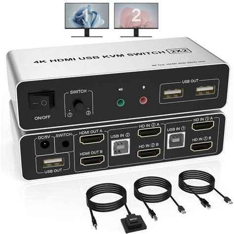 dual computer control switch, 2 in 2 out hdmi kvm switch 2 ports usb dual monitor 2 computer control