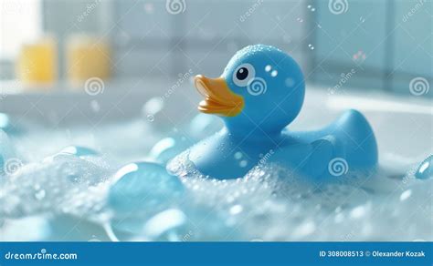 duck floating in a bath, Blue rubber duck floating in bath with soap foam and bubbles stock