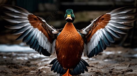 duck front view wings out, Mallard duck opening its wings and facing photographer stock photo. Mallard wings facing opening