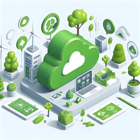 environmental impact of cloud computing icon, Environmental benefits of cloud computing with green energy icons and