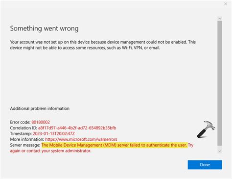 failed to authenticate to server, Fix: the mobile device management (mdm) server failed to authenticate