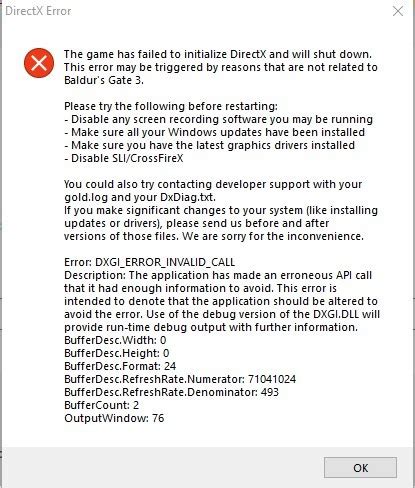 failed with dxgi_error_invalid_call, Dxgi_error_invalid_call (directx error)