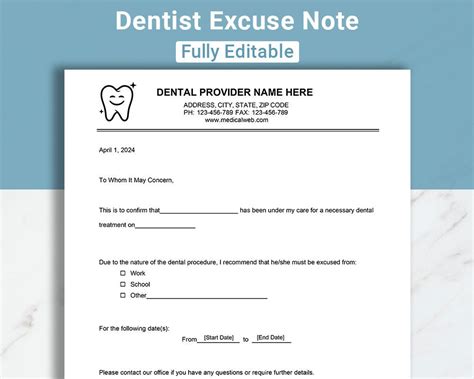 Free Printable Dentist Excuse Note