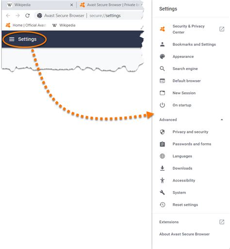 go to the avast secure browser menu, Avast secure browser for windows