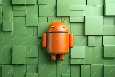 green/orange android, A small orange android robot on a green 3d background stock