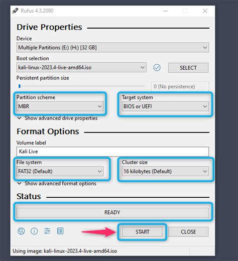 how to make a live kali linux usb with rufus, Click the start button once ready.