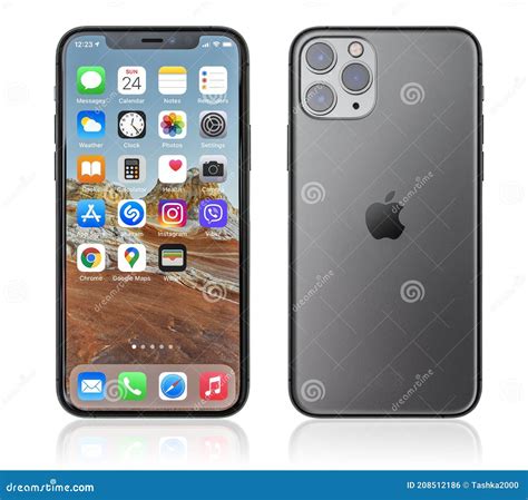 iphone 11 front and back reed with apps, Apple iphone 11 pro green, 2019, front & back editorial stock image. Iphone apple pro front green back preview gadget apps