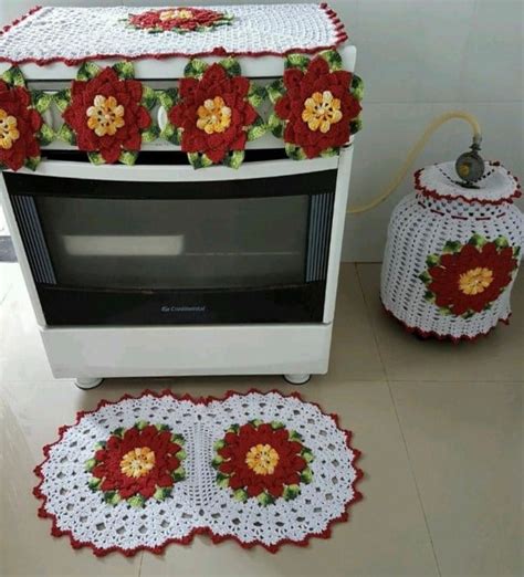 jogo de cozinha de crochê vermelho