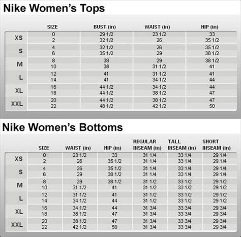 Ladies Nike Size Chart