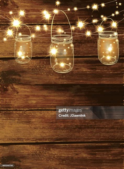 mason jar string lights with rustic wood background, Wooden background with jar and string lights stock illustration