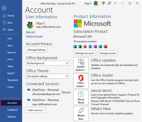 microsoft office account management, Manage the microsoft account