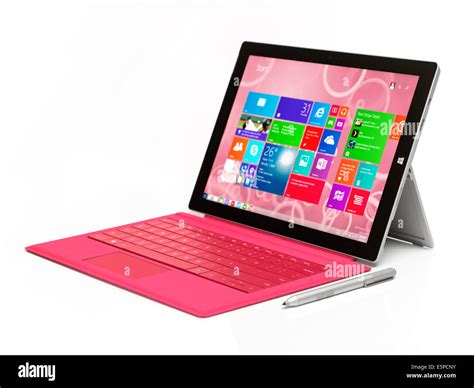 microsoft surface 3 tablet with keyboard, Microsoft surface pro 3 tablet with blue keyboard. stock photo mxi27248