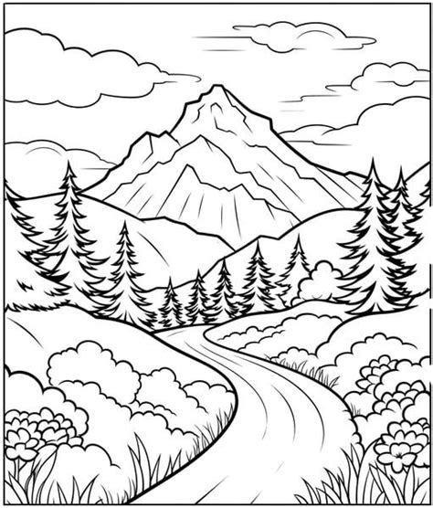 mountains and trees coloring pages, Free printable mountain coloring pages